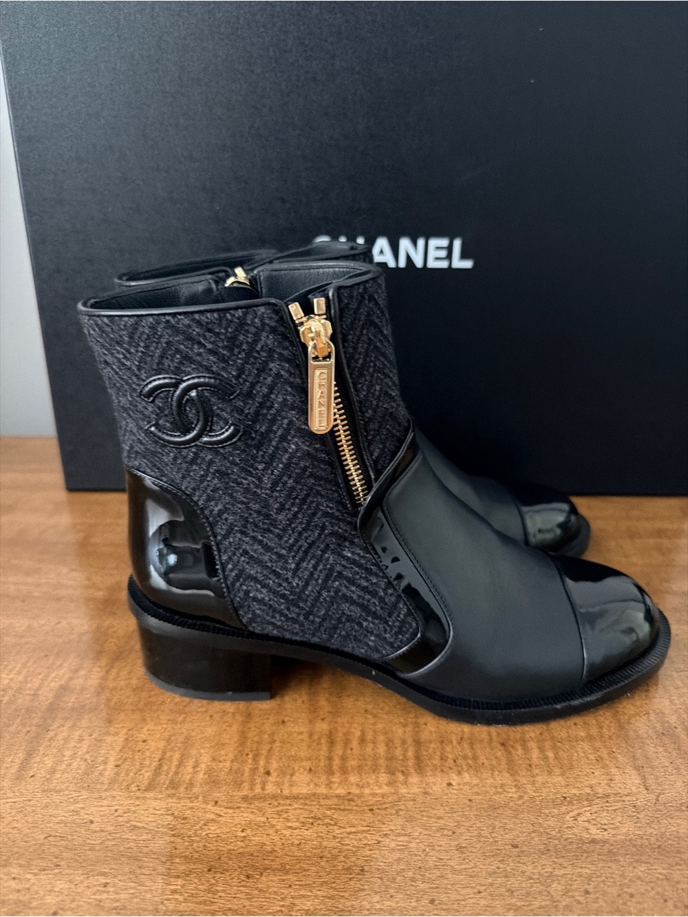 CHANEL Black Tweed & Leather Ankle Booties with Gold Zip Pull - Picture 1 of 11